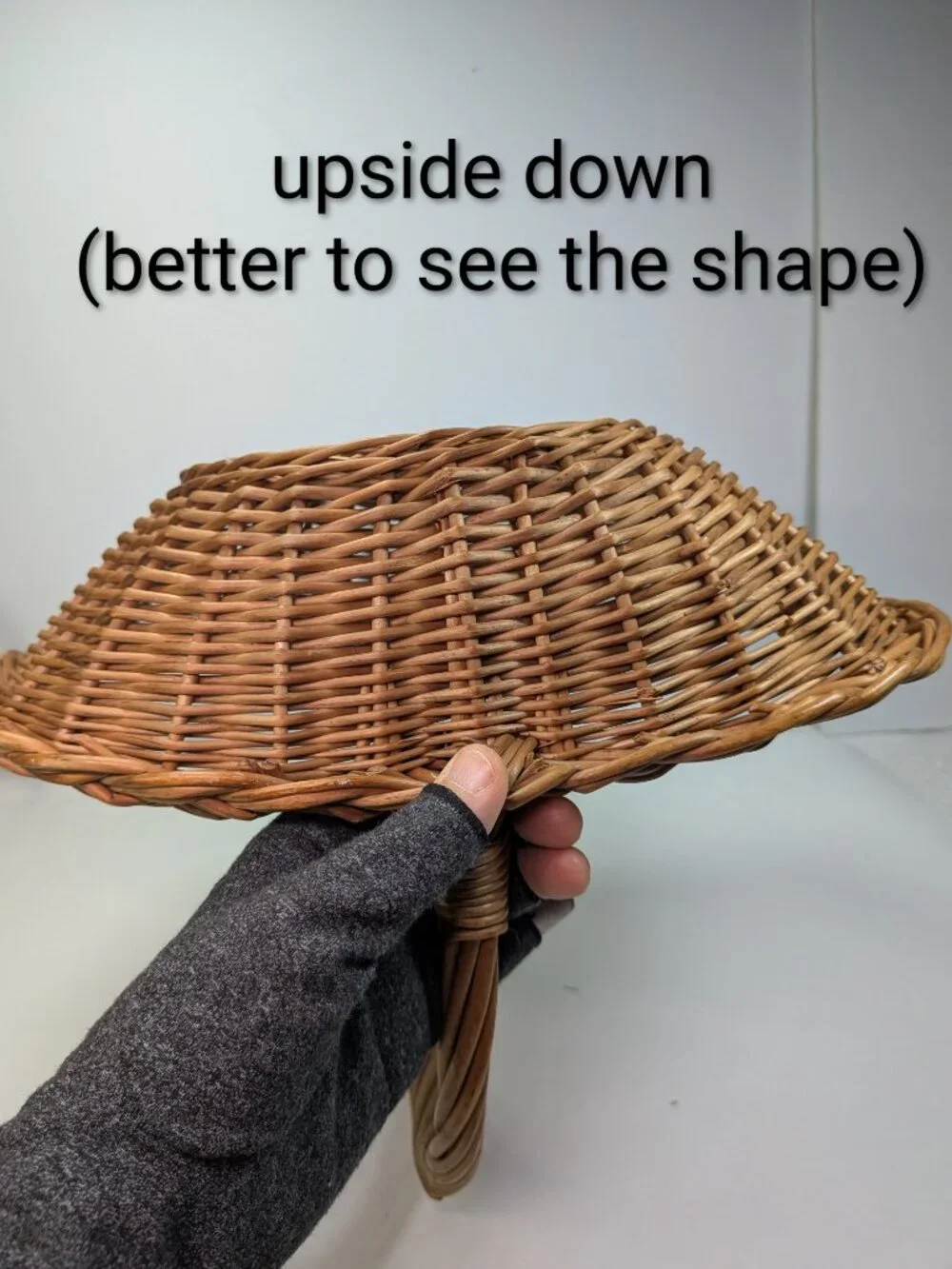VTG Woven Wicker Basket Braided Rim Overhead Arch Handle Scoop Gathering Trug